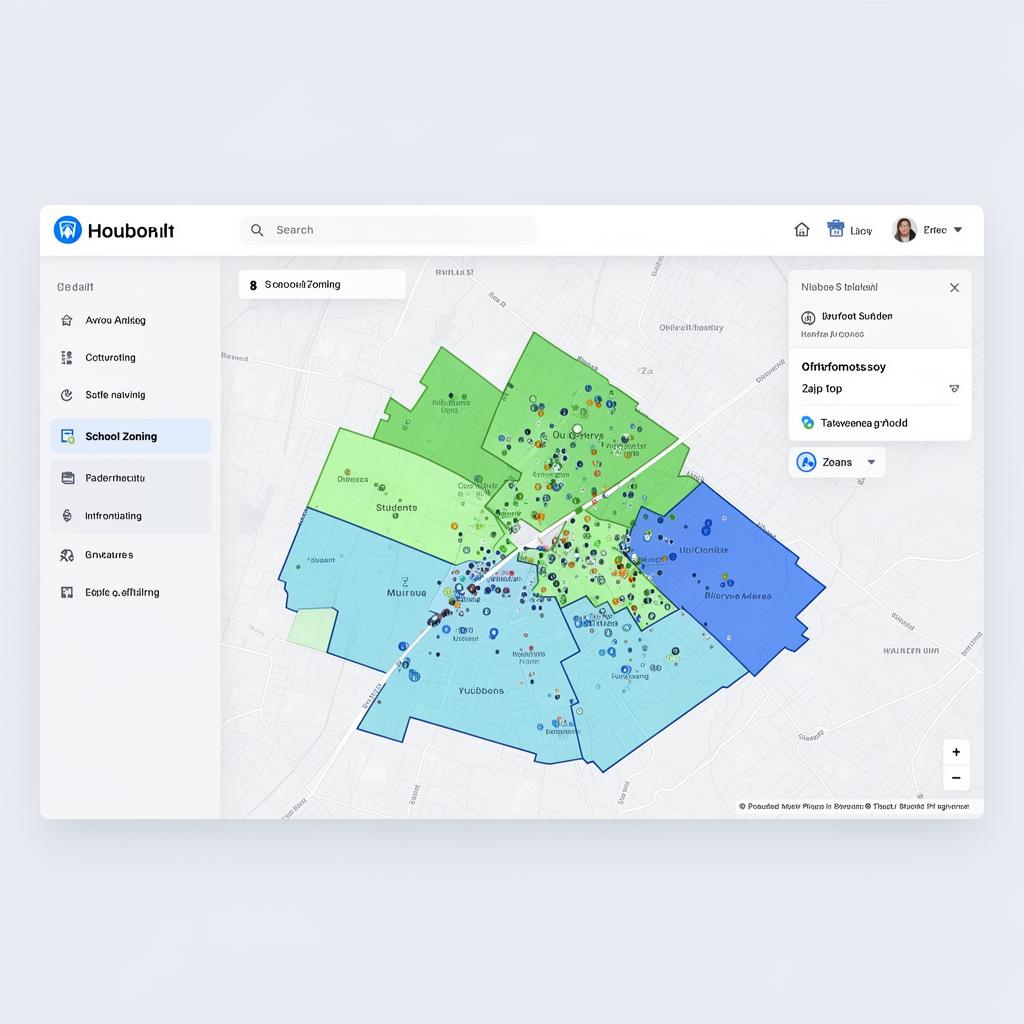 Mapa de zoneamento com escolas e alunos