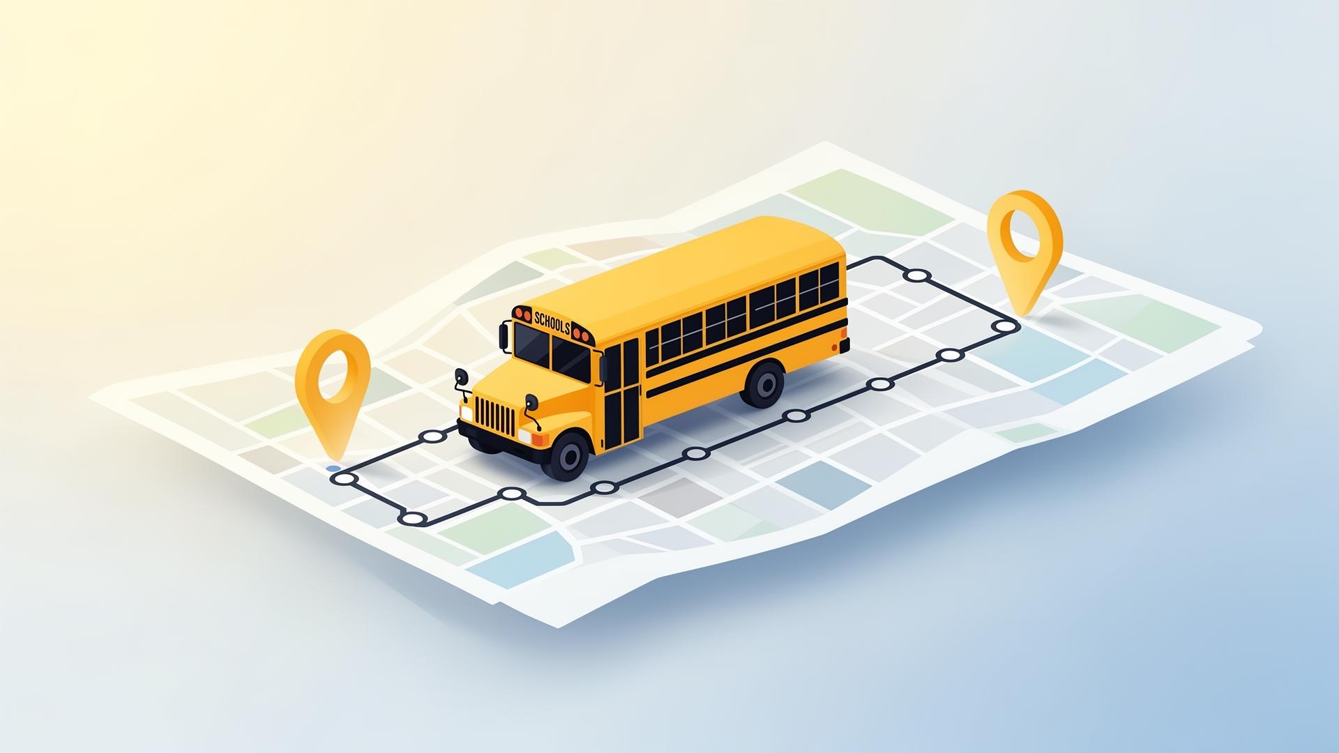Ilustração de ônibus escolar em mapa com rotas